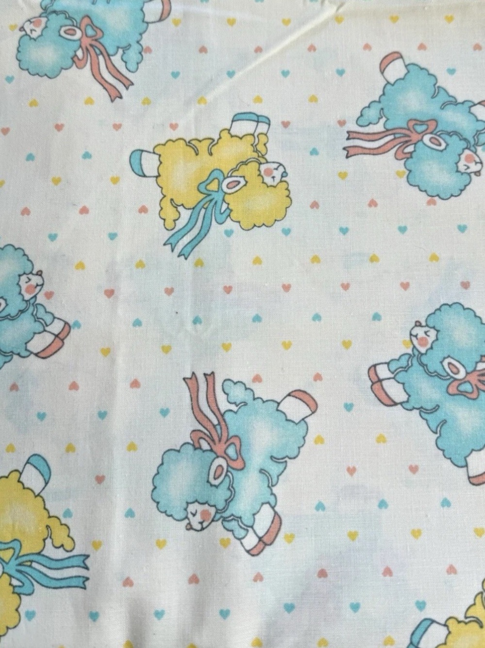 VTG Nursery Print Baby Lambs Blue Yellow Hearts Princess Fabrics 2yd+22"L x 44"